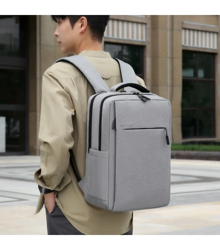 Black fine striped laptop backpack with printed brand logo front horizontal zipper pocket anti splash side built in USB
Black fine striped laptop backpack with printed brand logo front horizontal zipper pocket anti splash side built in USB