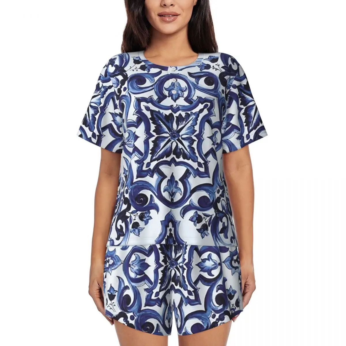Blue Ornate Floral Mediterranean Sicilian Tile Round Neck Short Sleeves Nightdress for Sleeping Women Pajama Set Short Pants
Blue Ornate Floral Mediterranean Sicilian Tile Round Neck Short Sleeves Nightdress for Sleeping Women Pajama Set Short Pants