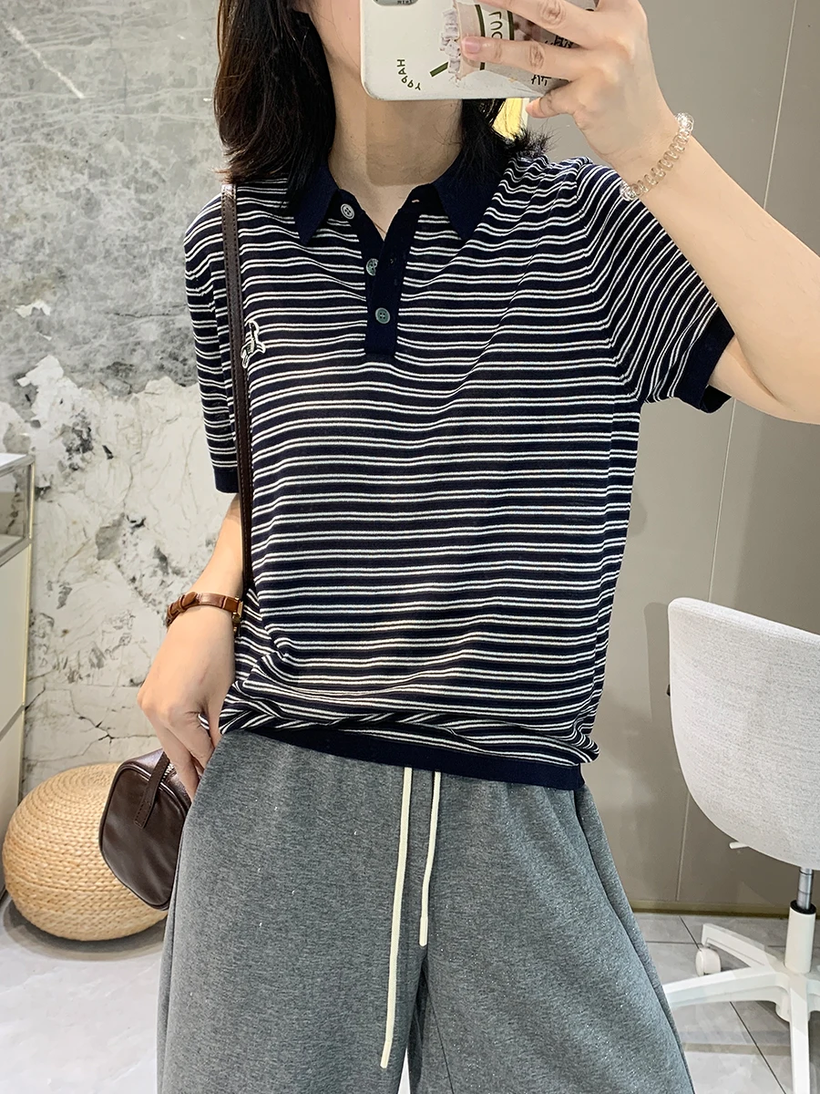 Ice Silk Stripe Turn-down Collar Knitted Top Women's Summer Thin T-shirt Skin-friendly Breathable Button-down Casual Style
Ice Silk Stripe Turn-down Collar Knitted Top Women's Summer Thin T-shirt Skin-friendly Breathable Button-down Casual Style