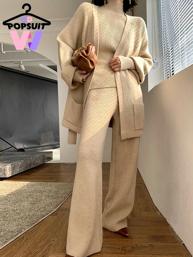 New in Autumn Winter Women Three Piece Set Knitted Sweater Pullover Cardigan Wide Leg Pants Big Pocket Lace-up Women's Clothing
New in Autumn Winter Women Three Piece Set Knitted Sweater Pullover Cardigan Wide Leg Pants Big Pocket Lace-up Women's Clothing