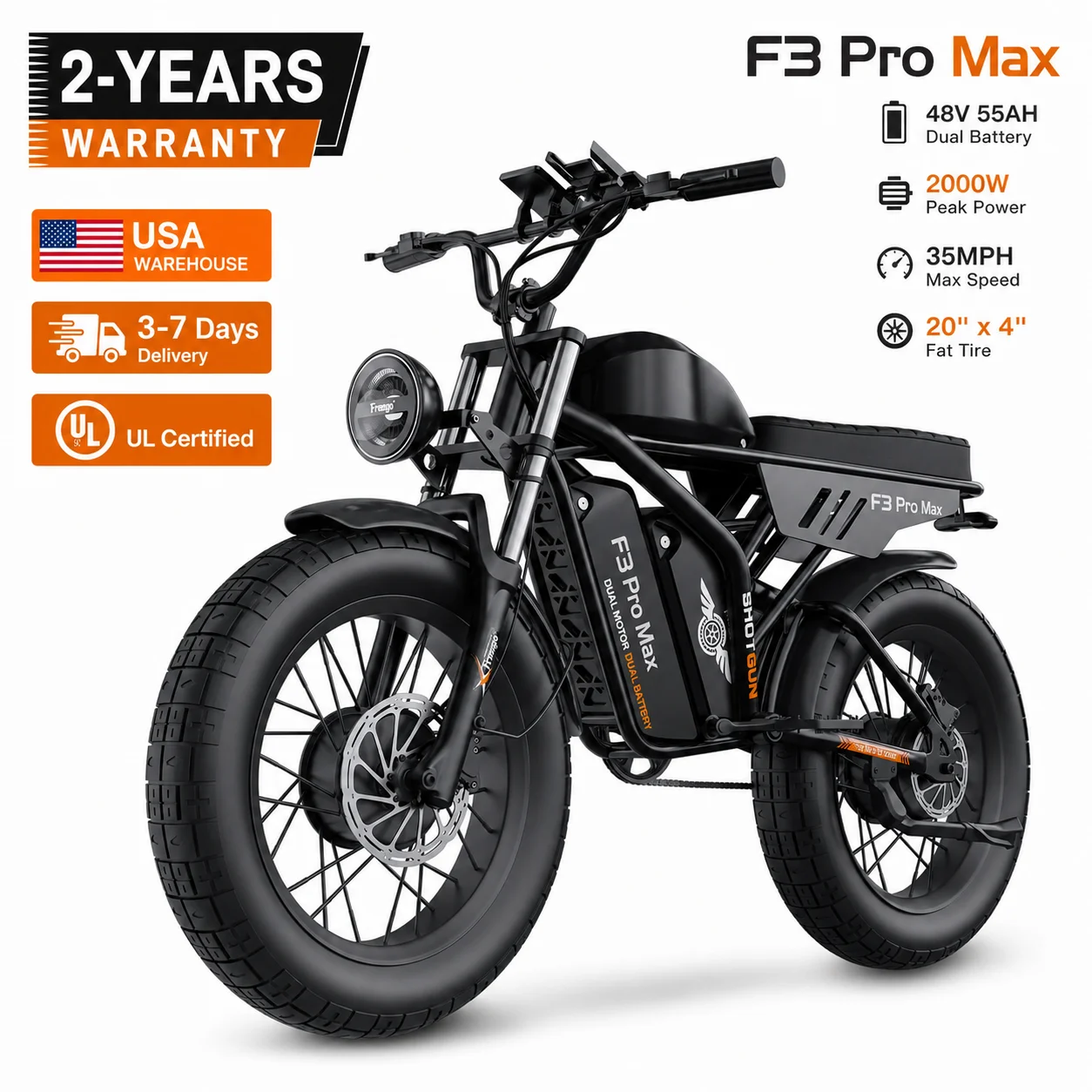 Freego Electric Motorcycle Dual Motor & Dual Battery 2000W/48V/55Ah 20"x4.0" Fat Tires electric bicycle 34MPH & 103 Miles EBike
Freego Electric Motorcycle Dual Motor & Dual Battery 2000W/48V/55Ah 20"x4.0" Fat Tires electric bicycle 34MPH & 103 Miles EBike