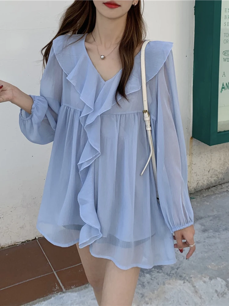 Blue Shirt Elegant French Style Ruffled V Neck Sweet Blouse Outwear Korean Fashion Clothing Solid Womens Tops
Blue Shirt Elegant French Style Ruffled V Neck Sweet Blouse Outwear Korean Fashion Clothing Solid Womens Tops