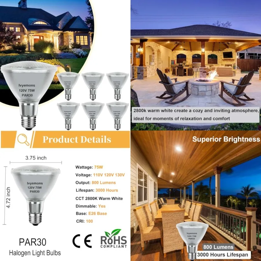 Halogen PAR30 Long Neck 75W 120V 800LM, 6 Pack High Output Halogen PAR30 Dimmable 2800K Warm White with E26 Base, Long Lifespan
Halogen PAR30 Long Neck 75W 120V 800LM, 6 Pack High Output Halogen PAR30 Dimmable 2800K Warm White with E26 Base, Long Lifespan