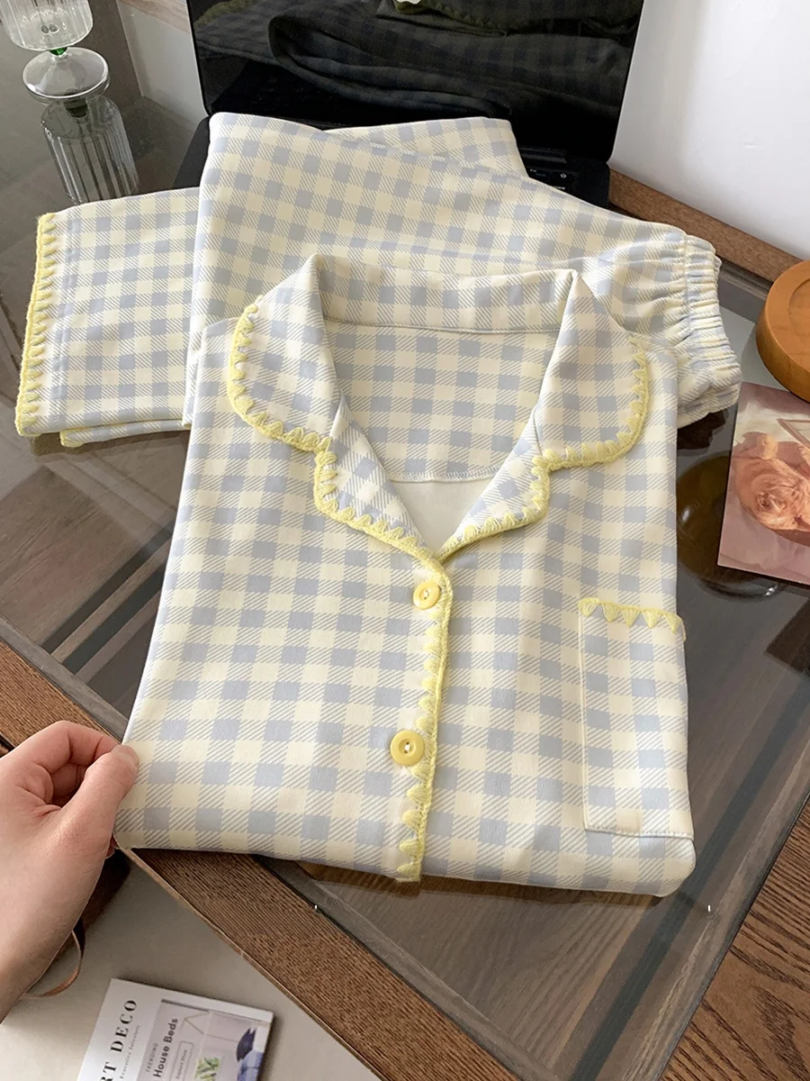 Spring Blue Plaid Pure Cotton Women's Sleepwear Ruffle Simple Loose Long Sleeve Cotton Home Clothes Ins Style Home Suit
Spring Blue Plaid Pure Cotton Women's Sleepwear Ruffle Simple Loose Long Sleeve Cotton Home Clothes Ins Style Home Suit