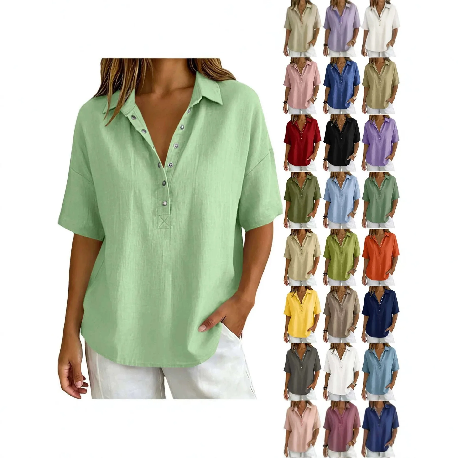 Women's Blouse Solid Color Short Sleeve Button-Up Shirt Turn Down Collar Casual Oversized V Neck Top Cotton Linen Loose Fit
Women's Blouse Solid Color Short Sleeve Button-Up Shirt Turn Down Collar Casual Oversized V Neck Top Cotton Linen Loose Fit
