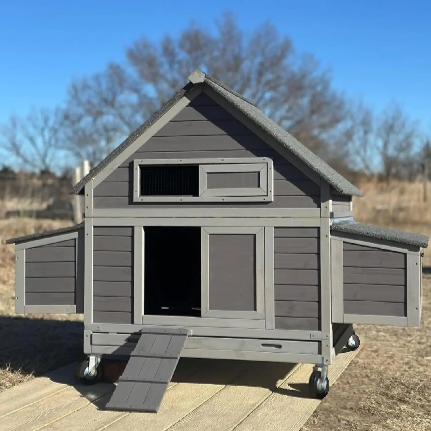 Large Chicken Coop on Wheels Mobile Wooden Hen House Weatherproof Duck Poultry Cage 67.3" L for 6-8 Chickens with 6 Nesting Box
Large Chicken Coop on Wheels Mobile Wooden Hen House Weatherproof Duck Poultry Cage 67.3" L for 6-8 Chickens with 6 Nesting Box