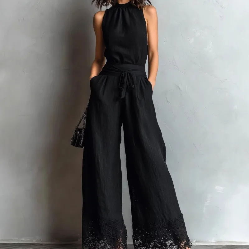 2026 New Summer Women's Jumpsuit With Neck Hanging Pure Ribbon Pocket Lace Stitching At The Hem Sexy Elegant And Unique Jumpsuit
2026 New Summer Women's Jumpsuit With Neck Hanging Pure Ribbon Pocket Lace Stitching At The Hem Sexy Elegant And Unique Jumpsuit