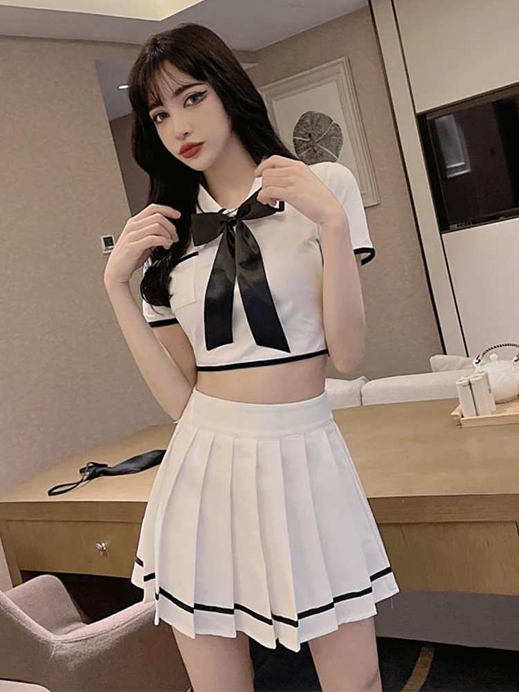 College Girl Style Short T-Shirt And Skirt Set with Bow Tie Contrast Color Young Looking Uniform Top Belly Baring High Waist ...
College Girl Style Short T-Shirt And Skirt Set with Bow Tie Contrast Color Young Looking Uniform Top Belly Baring High Waist ...