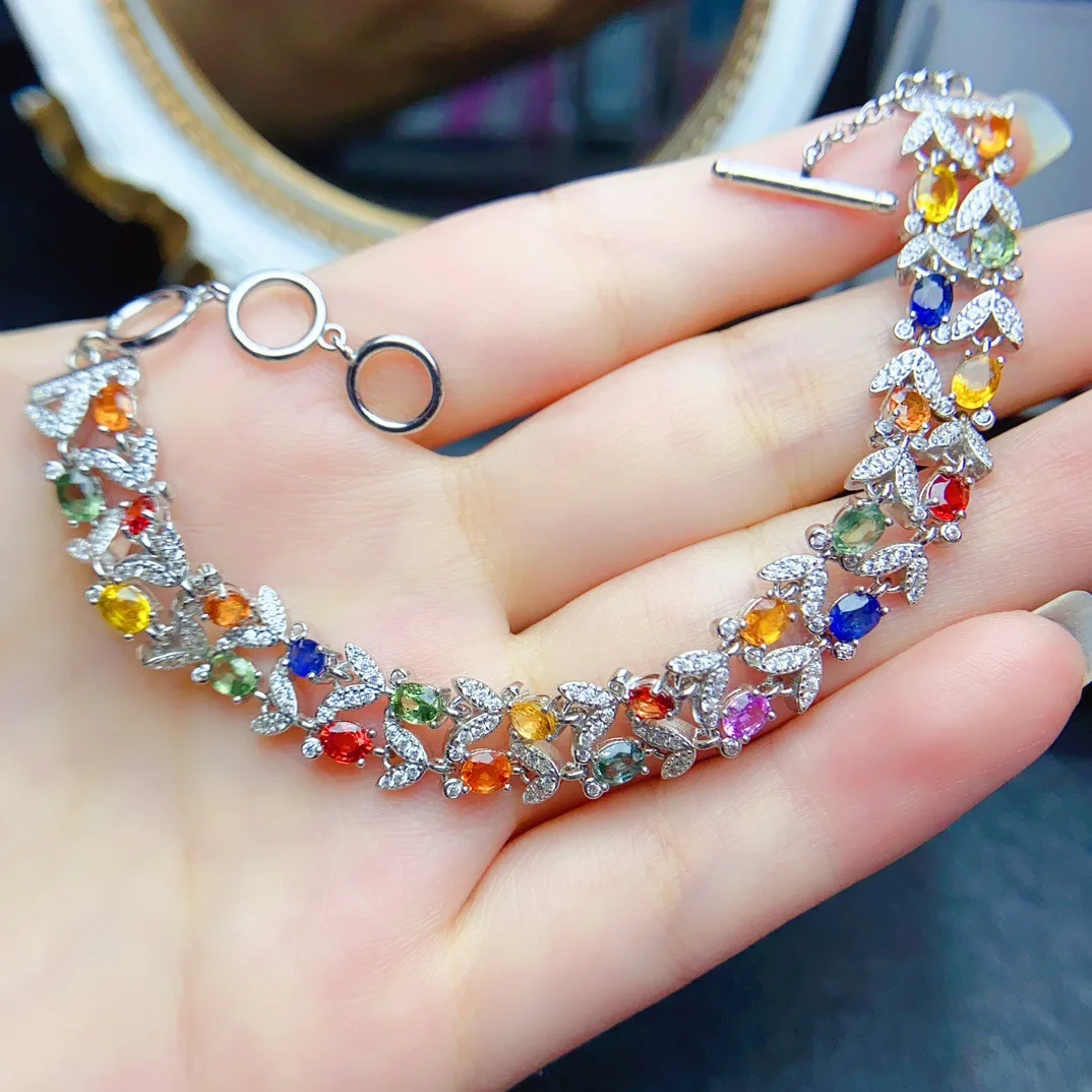 Natural Multicolor Sapphire Bracelet 3x4mm Oval Cut 925 Silver Leaf Pattern Toggle Clasp Colorful Gemstone Bracelet
Natural Multicolor Sapphire Bracelet 3x4mm Oval Cut 925 Silver Leaf Pattern Toggle Clasp Colorful Gemstone Bracelet