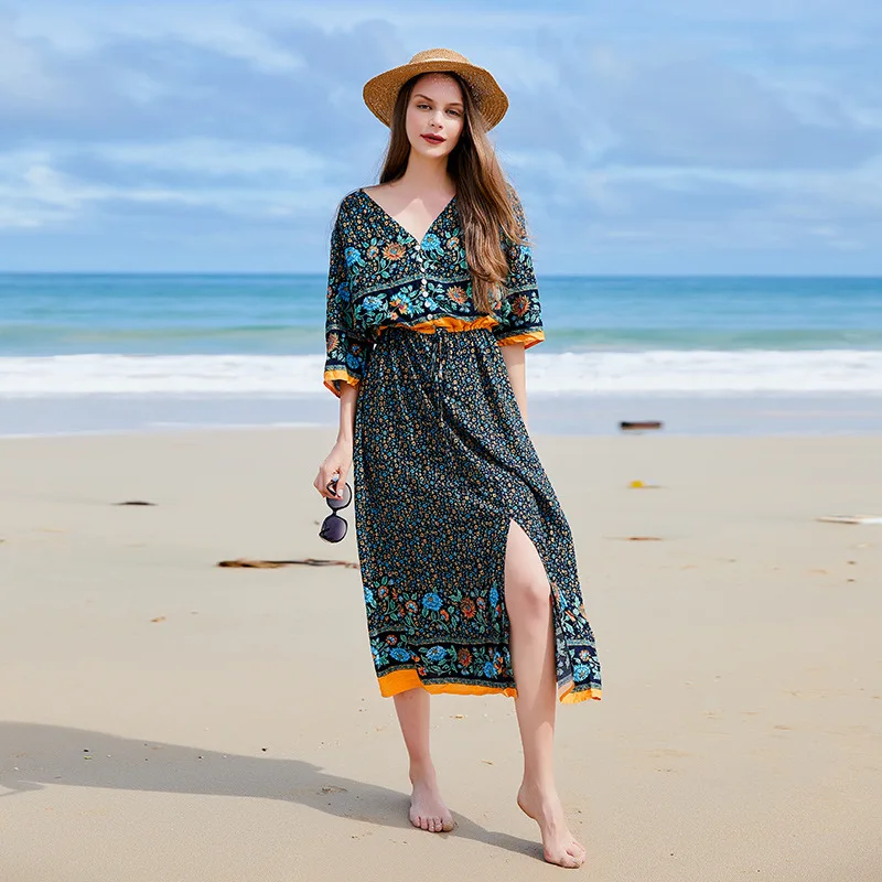 Large size seaside vacation V-neck high waist dress hem slit beach loose medium and long fashion simple temperament elegant vaca 
Large size seaside vacation V-neck high waist dress hem slit beach loose medium and long fashion simple temperament elegant vaca
