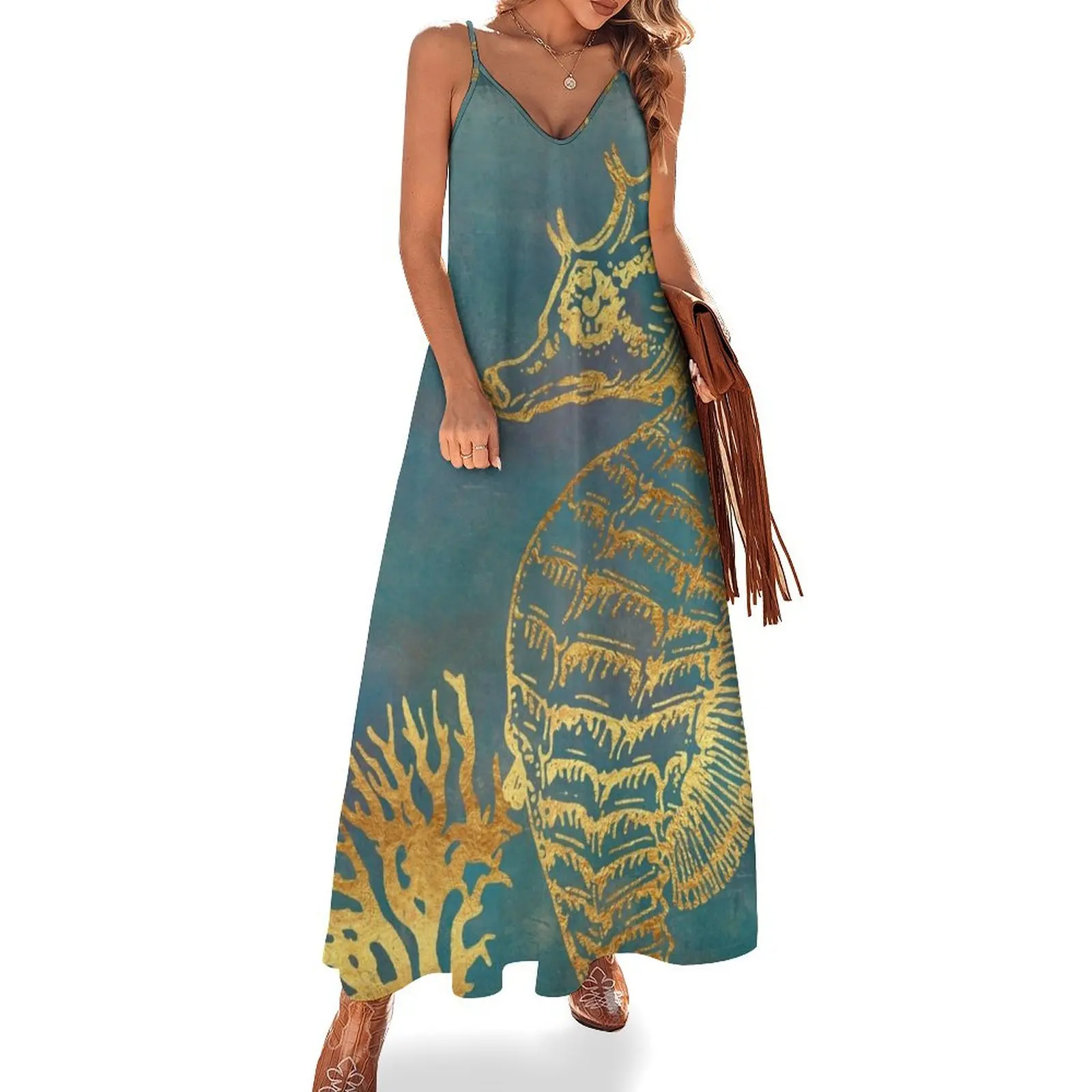 Deep Sea Life V Golden Seahorse, ocean texture Sleeveless Long Dress cocktail dresses dress women elegant luxury Dress
Deep Sea Life V Golden Seahorse, ocean texture Sleeveless Long Dress cocktail dresses dress women elegant luxury Dress