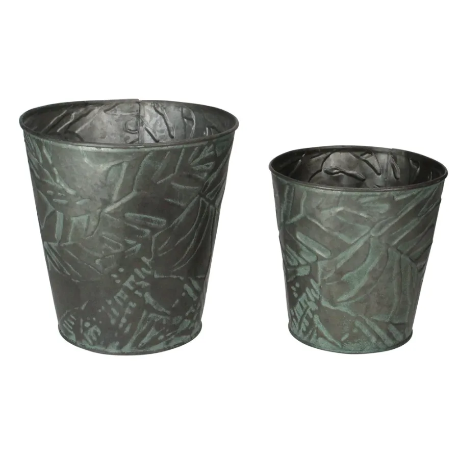 Set of 2 Patina Leaf Motif Planter Buckets 11"
Set of 2 Patina Leaf Motif Planter Buckets 11"