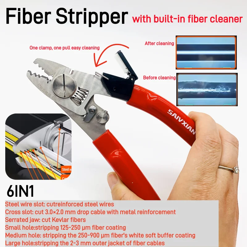 SAIVXIAN Fiber Stripper Multifunctional Pliers 6 in 1 with Cleaning Wipe Strip Fiber Drop Cable Widened body Stainless Steel
SAIVXIAN Fiber Stripper Multifunctional Pliers 6 in 1 with Cleaning Wipe Strip Fiber Drop Cable Widened body Stainless Steel