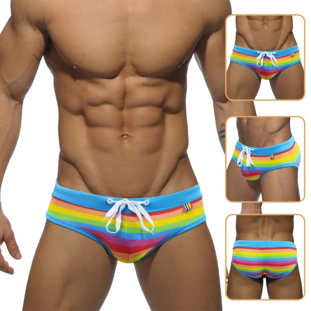 Mid-rise High Elasticity Swimming Trunks With U-convex Cup Swimwear Men Rainbow Striped Print Drawstring Surf Briefs Beachwear
Mid-rise High Elasticity Swimming Trunks With U-convex Cup Swimwear Men Rainbow Striped Print Drawstring Surf Briefs Beachwear