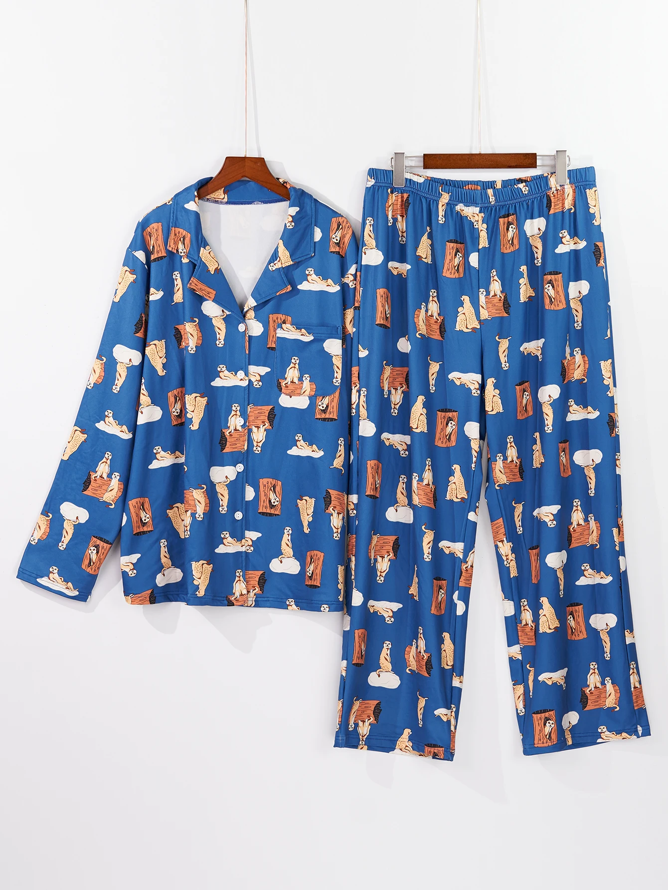 Spring fashion cartoon printed casual lapel shirt&pants plus women's pajamas 2-piece set
Spring fashion cartoon printed casual lapel shirt&pants plus women's pajamas 2-piece set