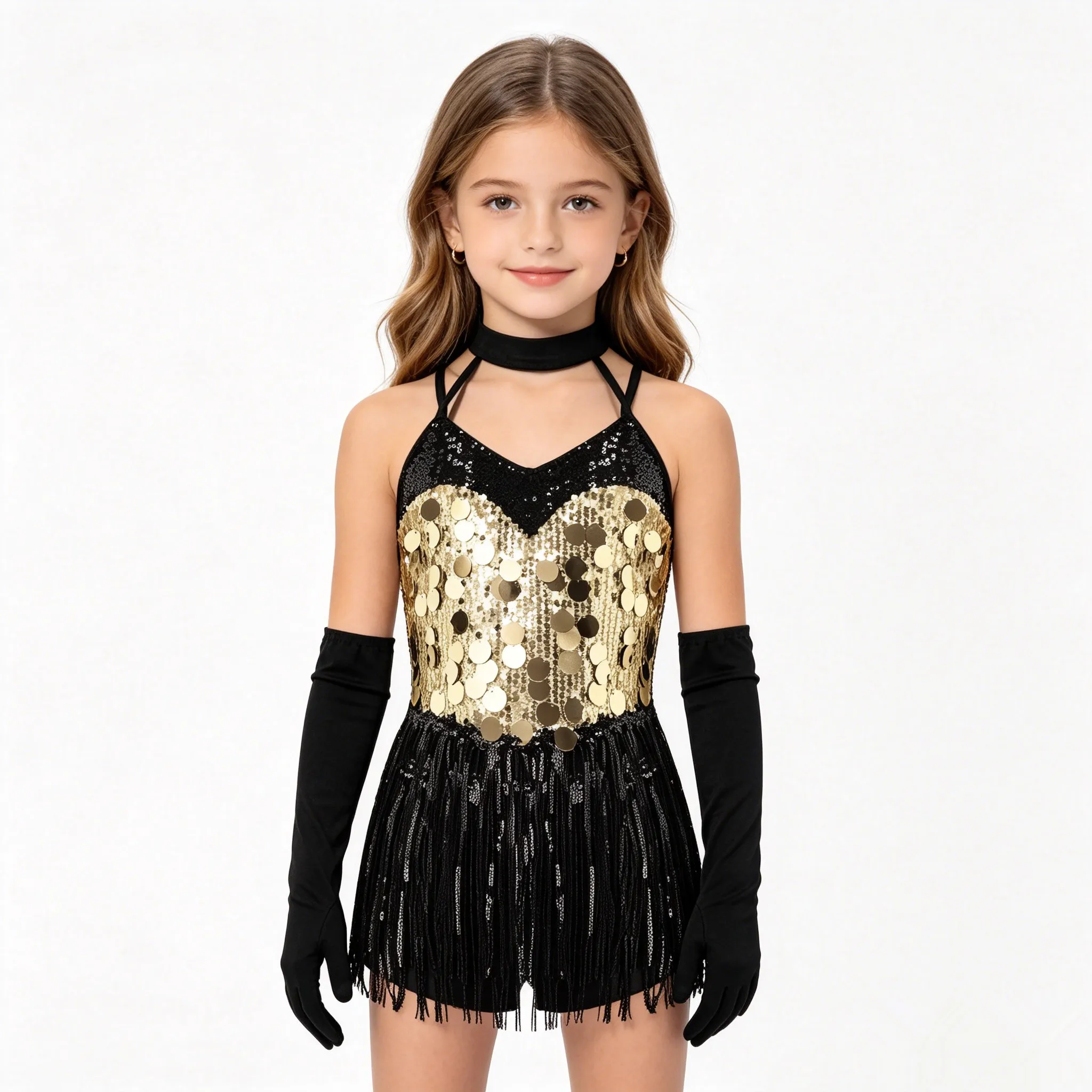 Girls Tassels Latin Jazz Dance Dress Halter Shiny Sequins Bodysuit with Gloves Cha-cha Samba Rumba Tango Ballroom Salsa Leotard
Girls Tassels Latin Jazz Dance Dress Halter Shiny Sequins Bodysuit with Gloves Cha-cha Samba Rumba Tango Ballroom Salsa Leotard