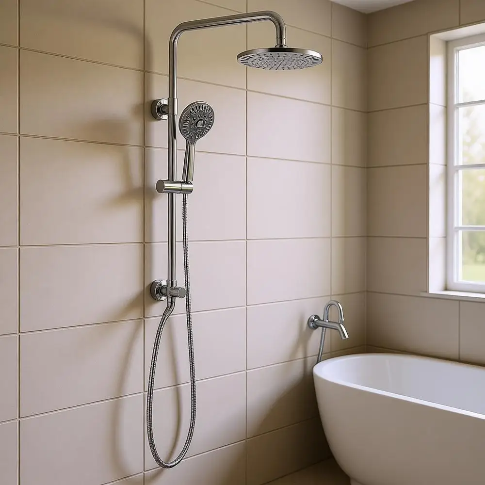 Душевая система с 9-дюймовым тропическим душем и ручным душем, регулируемый держатель, прочная латунная штанга, шланг из нержавеющей стали 60 см, хром
Душевая система с 9-дюймовым тропическим душем и ручным душем, регулируемый держатель, прочная латунная штанга, шланг из нержавеющей стали 60 см, хром