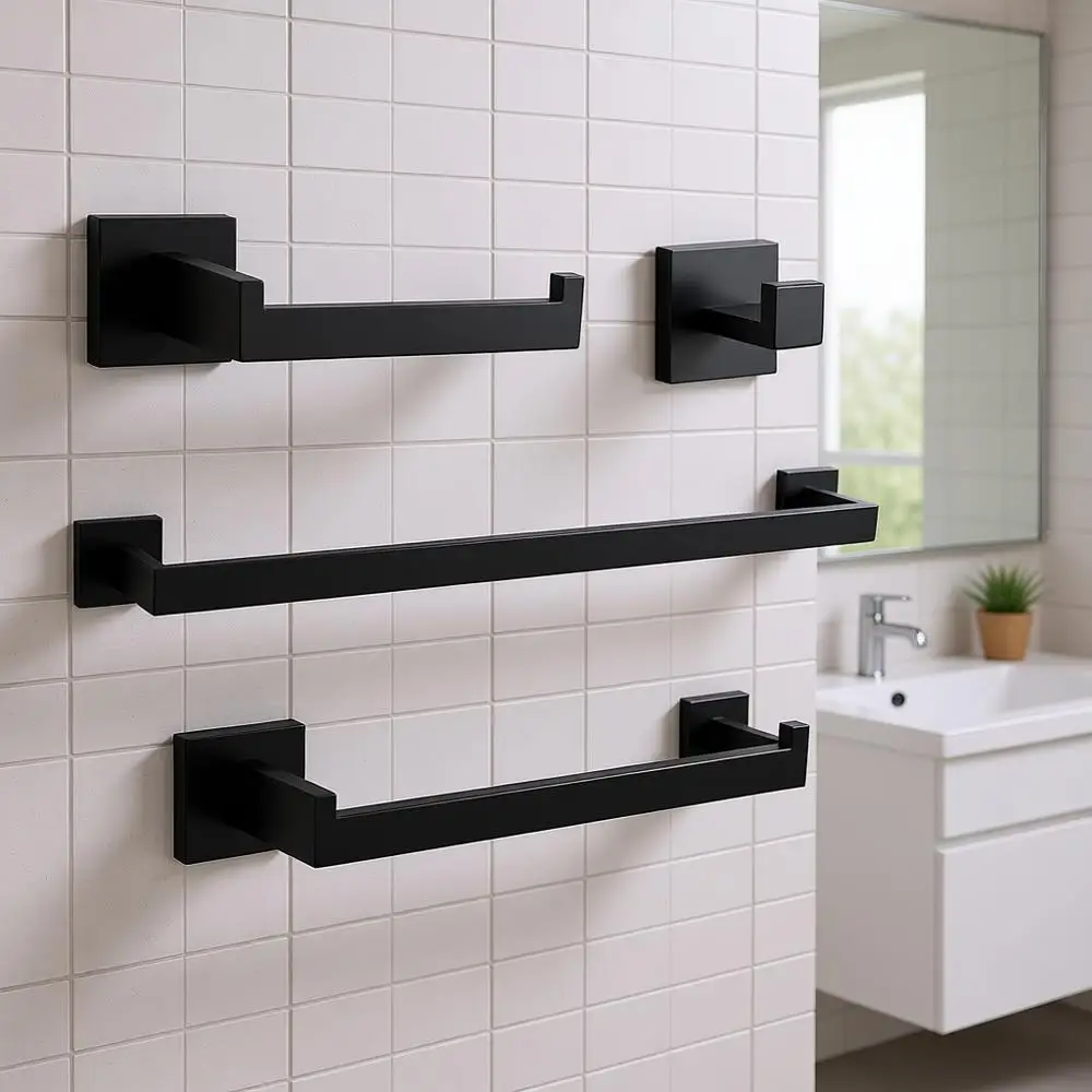 Черный набор из 4 предметов для ванной комнаты: настенный держатель для полотенец, держатель для ручных полотенец, держатель для туалетной бумаги и крючки.
Черный набор из 4 предметов для ванной комнаты: настенный держатель для полотенец, держатель для ручных полотенец, держатель для туалетной бумаги и крючки.