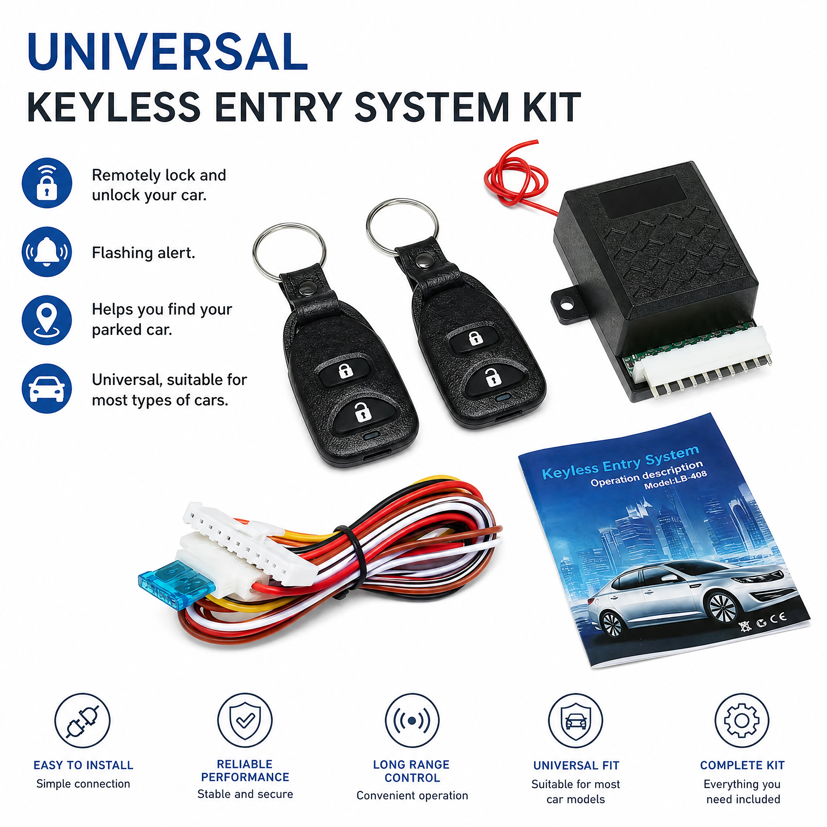 Universal 12V Car Auto Remote Central Kit Fashing Alert Door Lock Locking Vehicle Keyless Entry System with 2 Remote Controllers
Universal 12V Car Auto Remote Central Kit Fashing Alert Door Lock Locking Vehicle Keyless Entry System with 2 Remote Controllers