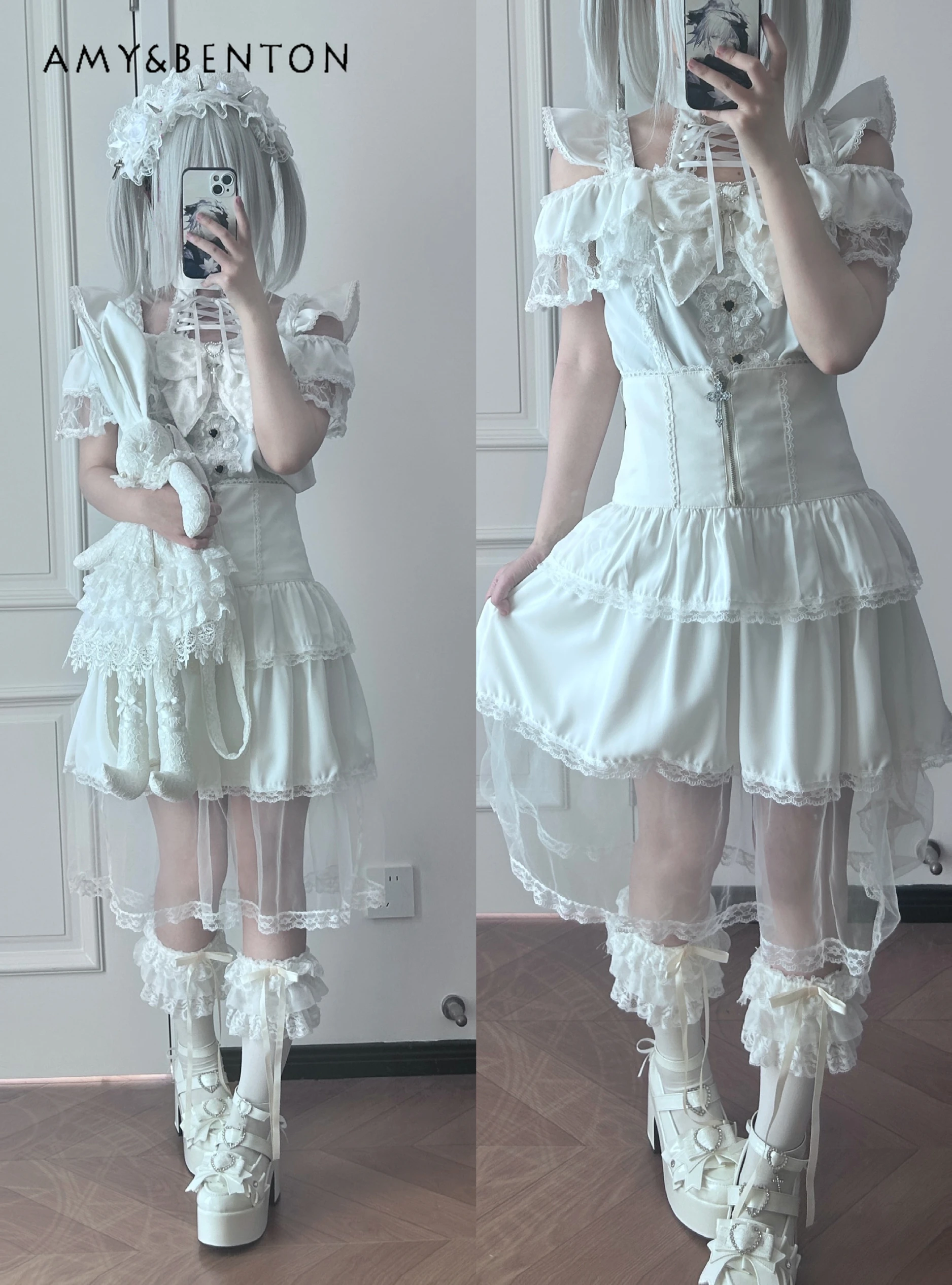 Japanese Gothic White Mine Series Mass Production Suit Subculture Lolita Lace-up Hollow Shoulder Short Sleeve Shirt Mesh Skirt
Japanese Gothic White Mine Series Mass Production Suit Subculture Lolita Lace-up Hollow Shoulder Short Sleeve Shirt Mesh Skirt