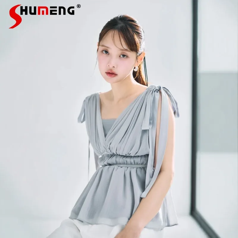 New Japanese Rojita Style Bow Tie Slimming Blusas Sweet Cute Elegant Deep V-Neck Waist-Cinching Sleeveless Chiffon Blouse Ladies
New Japanese Rojita Style Bow Tie Slimming Blusas Sweet Cute Elegant Deep V-Neck Waist-Cinching Sleeveless Chiffon Blouse Ladies