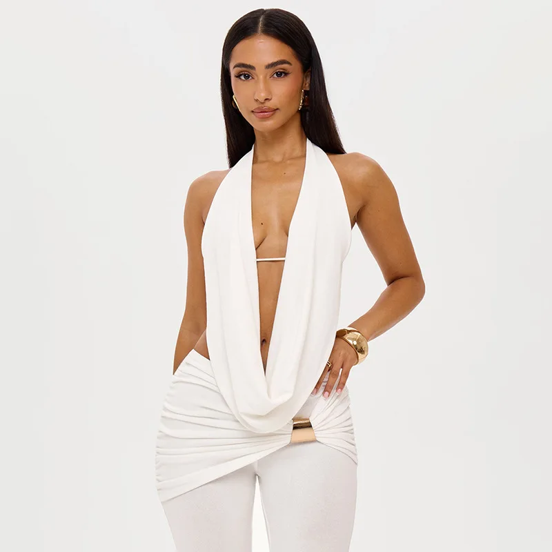 Модный однотонный комплект из 2 предметов, женские сексуальные топы с распашным воротником на шнуровке и лямкой на спине + расклешенные брюки с металлической пряжкой и рюшами, костюмы
Модный однотонный комплект из 2 предметов, женские сексуальные топы с распашным воротником на шнуровке и лямкой на спине + расклешенные брюки с металлической пряжкой и рюшами, костюмы