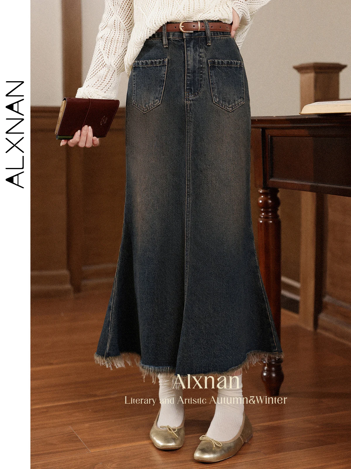 ALXNAN Vintage Blue Denim Skirt Women 2025 Autumn Long A-line Cotton Skirt Office Lady Elegant Raw Edges Casual Clothes L56789
ALXNAN Vintage Blue Denim Skirt Women 2025 Autumn Long A-line Cotton Skirt Office Lady Elegant Raw Edges Casual Clothes L56789