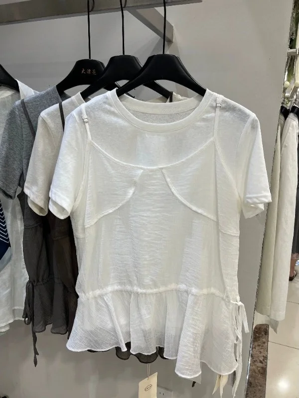 plus Size 300 Pounds Women's Gored Hem Strap White round Neck T-Shirt Two-Piece Set Summer Casual Loose Fit Short Sleeve
plus Size 300 Pounds Women's Gored Hem Strap White round Neck T-Shirt Two-Piece Set Summer Casual Loose Fit Short Sleeve