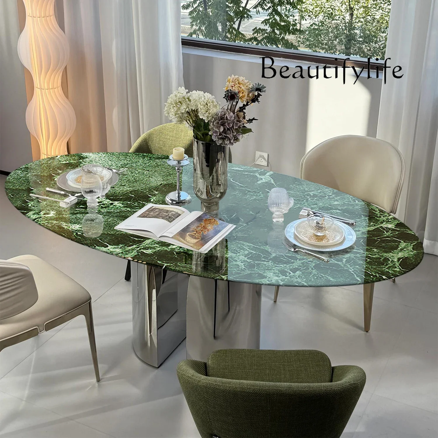N40 Natural green luxury stone dining table Modern simple high-end Italian villa home light luxury oval dining table
N40 Natural green luxury stone dining table Modern simple high-end Italian villa home light luxury oval dining table