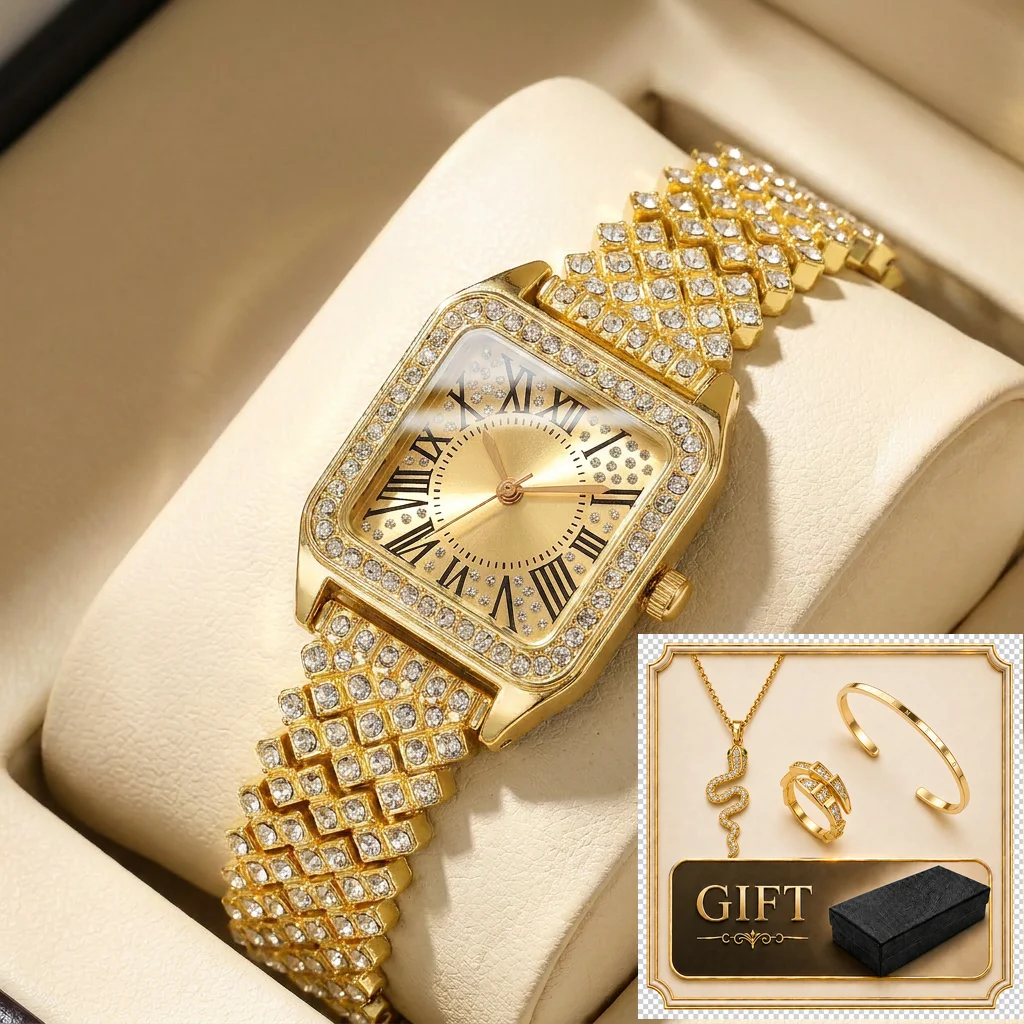 4pcs gift box set Women's gold dial alloy strap fashion rectangular bracelet details Quartz Watch Gift Box Set for party holiday
4pcs gift box set Women's gold dial alloy strap fashion rectangular bracelet details Quartz Watch Gift Box Set for party holiday