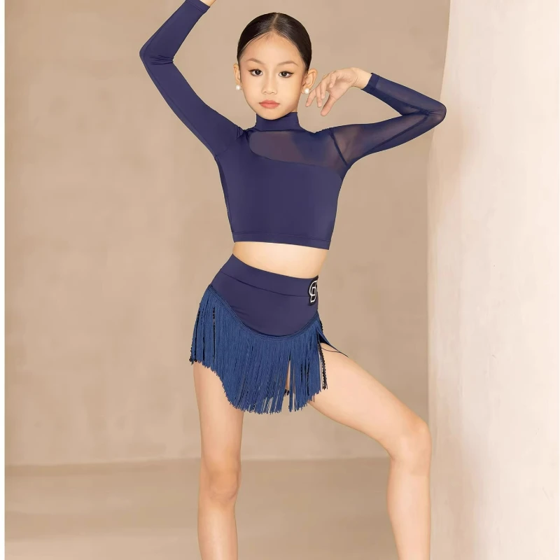 Childrens Latin Dance Set for Girls High Neck Long Sleeved Blue Tulle Tops Tassel Skirt Cha Cha Rumba Practice Dancewear Costume
Childrens Latin Dance Set for Girls High Neck Long Sleeved Blue Tulle Tops Tassel Skirt Cha Cha Rumba Practice Dancewear Costume