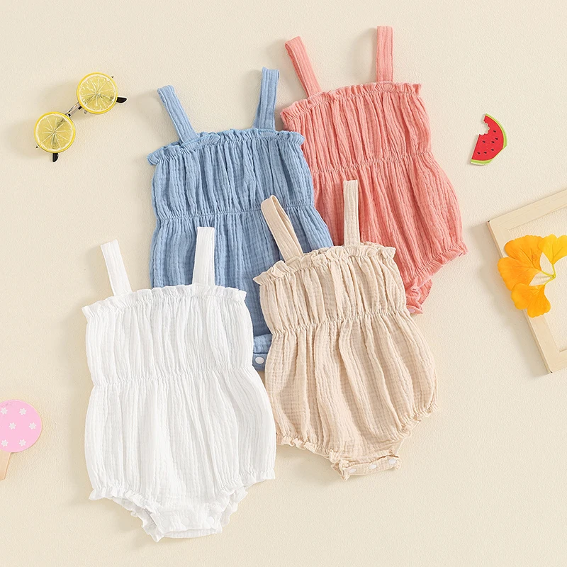 

2024-04-26 Lioraitiin Baby Girls Romper, Sleeveless Pleated Solid Color Infant Bodysuit Clothes for Casual Daily