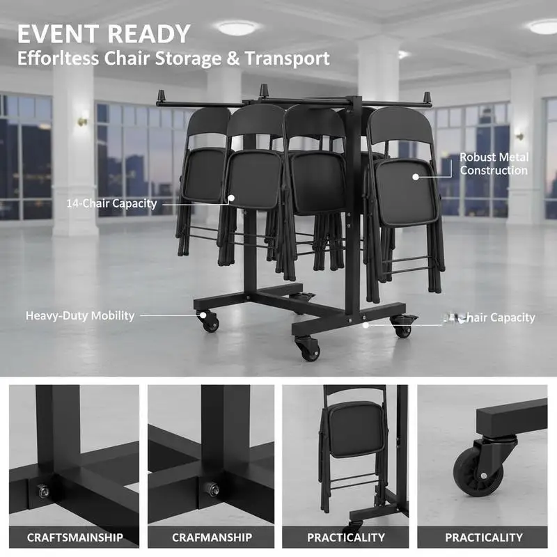 Foldable Seat Trolley 22.8x13.4x11.8 Inches For Celebration Banquet Conference, 200 LBS Load Capacity T-shape Structure 14 Capacity Metal Frame Rubber Casters Matte Black Finish
Foldable Seat Trolley 22.8x13.4x11.8 Inches For Celebration Banquet Conference, 200 LBS Load Capacity T-shape Structure 14 Capacity Metal Frame Rubber Casters Matte Black Finish