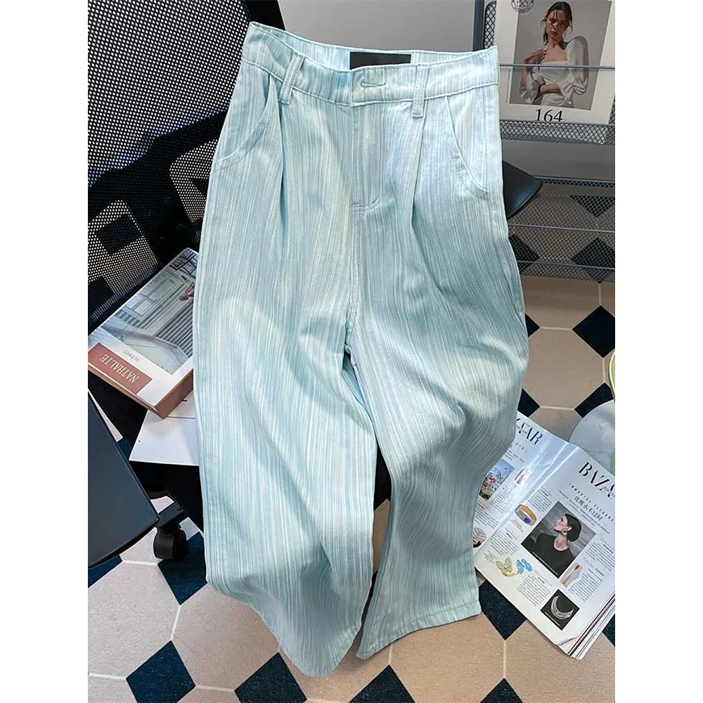 Women Blue Striped Wide Leg Pants 2025 New American BF Style High Waist Straight Loose Trousers Female Casual Full Pants
Women Blue Striped Wide Leg Pants 2025 New American BF Style High Waist Straight Loose Trousers Female Casual Full Pants 