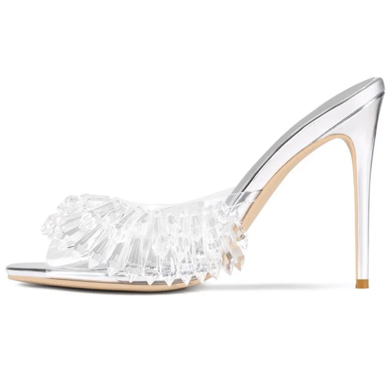 Handmade Transparent Crystal Fringe High Heel Mules Shoes Round Toe Slip On Silver Leather Summer Sandals Real Photo
Handmade Transparent Crystal Fringe High Heel Mules Shoes Round Toe Slip On Silver Leather Summer Sandals Real Photo