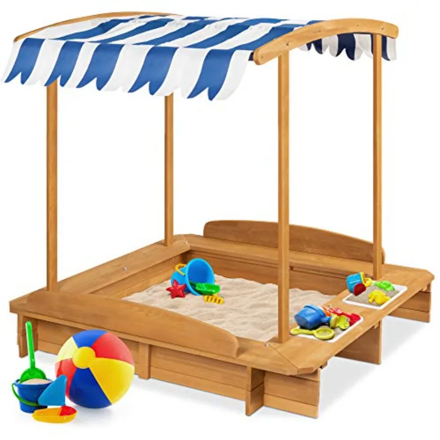 Outdoor kids wooden cabana sandbox play station with natural wood finish, UV-resistant canopy shade, fabric sandpit cover, and
Outdoor kids wooden cabana sandbox play station with natural wood finish, UV-resistant canopy shade, fabric sandpit cover, and