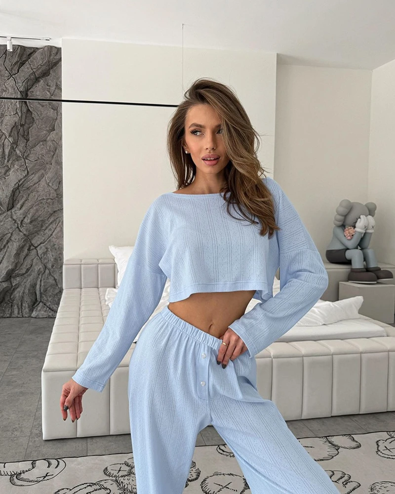 Простой стиль, модный комплект для отдыха, однотонные укороченные топы с длинными рукавами и длинные брюки, женский свежий домашний костюм из 2 предметов, одежда для сна, домашняя одежда
Простой стиль, модный комплект для отдыха, однотонные укороченные топы с длинными рукавами и длинные брюки, женский свежий домашний костюм из 2 предметов, одежда для сна, домашняя одежда