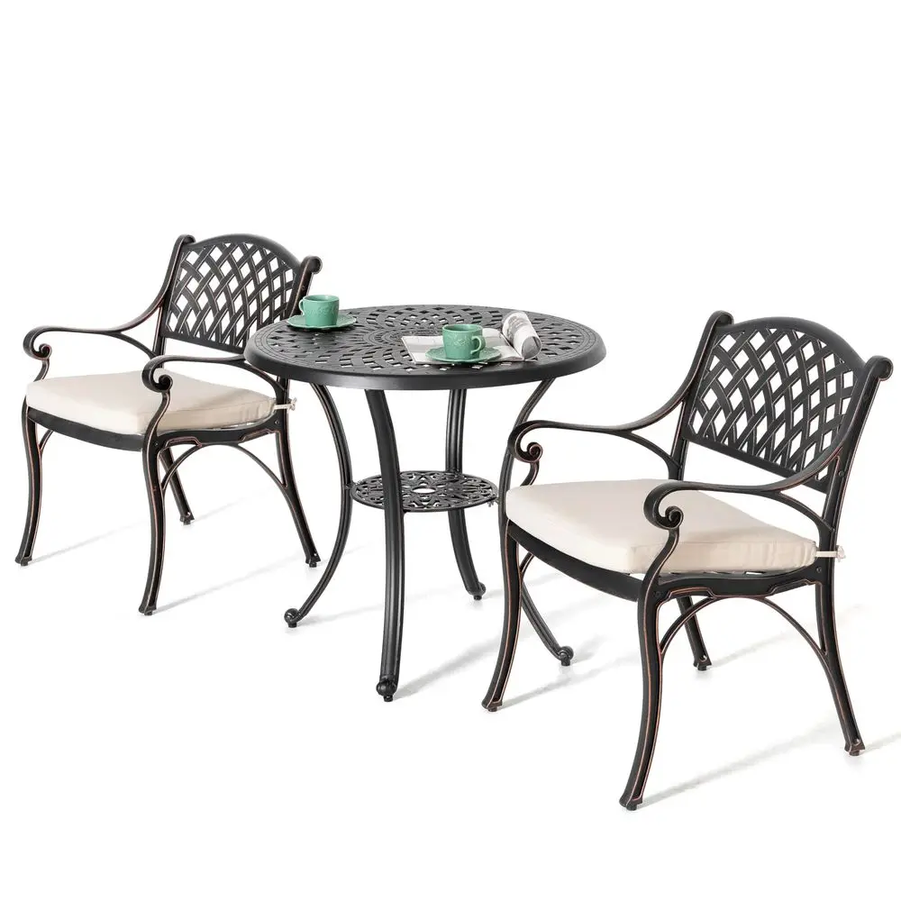 3 Piece Cast Aluminum Outdoor Bistro Set, Rustproof Patio Table and Chairs with Umbrella Hole and Beige Cushions, Patio Bistro
3 Piece Cast Aluminum Outdoor Bistro Set, Rustproof Patio Table and Chairs with Umbrella Hole and Beige Cushions, Patio Bistro