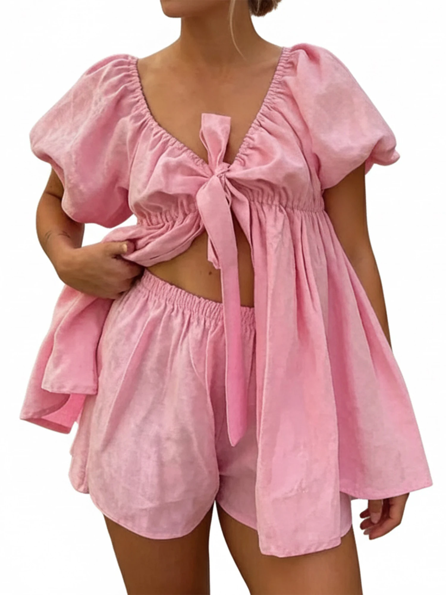 2Pcs Summer Pajamas Sets for Women Short Sleeve V Neck Solid Color Tie up Front Tops and Elastic Waist Shorts
2Pcs Summer Pajamas Sets for Women Short Sleeve V Neck Solid Color Tie up Front Tops and Elastic Waist Shorts