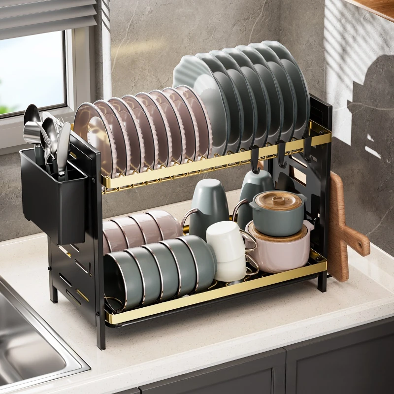 countertop next to the sink, tableware, chopsticks, knives and forks, dishes, tableware rack, hole board, dishes, drain rack
countertop next to the sink, tableware, chopsticks, knives and forks, dishes, tableware rack, hole board, dishes, drain rack