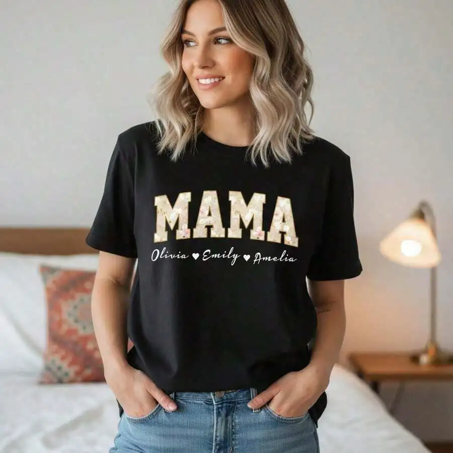Womens Cotton T-Shirt With MAMA Print And Custom Names Loose Fit Casual Short Sleeve Round Neck Tee
Womens Cotton T-Shirt With MAMA Print And Custom Names Loose Fit Casual Short Sleeve Round Neck Tee