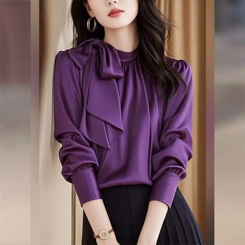 ФИОЛЕТОВЫЙ атласный топ, футболка, весна-осень, новый темпераментный бант, однотонная блузка с длинными рукавами, женская одежда, простые элегантные рубашки
ФИОЛЕТОВЫЙ атласный топ, футболка, весна-осень, новый темпераментный бант, однотонная блузка с длинными рукавами, женская одежда, простые элегантные рубашки