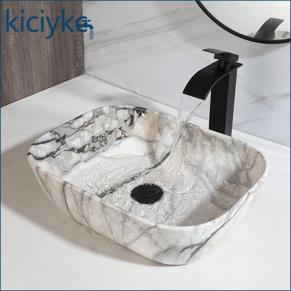 Modern Marble Pattern Ceramic Vessel Sink Set with Matte Black Waterfall Faucet Pop-up Drain Above Counter Bathroom Basin Combo
Modern Marble Pattern Ceramic Vessel Sink Set with Matte Black Waterfall Faucet Pop-up Drain Above Counter Bathroom Basin Combo