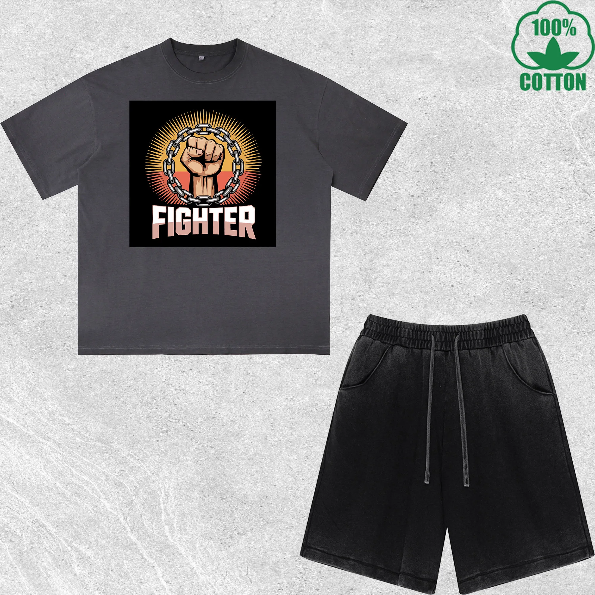 Комплект из футболки и шорт с принтом Fighter, эффект потертости, разноцветный, свободный крой, модный, 100% хлопок
Комплект из футболки и шорт с принтом Fighter, эффект потертости, разноцветный, свободный крой, модный, 100% хлопок