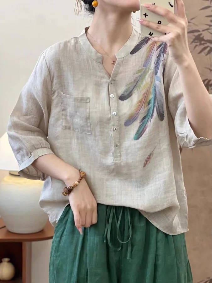 Artistic Versatile Linen irt Loose Slimming Digital Print Women's Top Summer New Sle Casual Vintage Sle irt
Artistic Versatile Linen irt Loose Slimming Digital Print Women's Top Summer New Sle Casual Vintage Sle irt