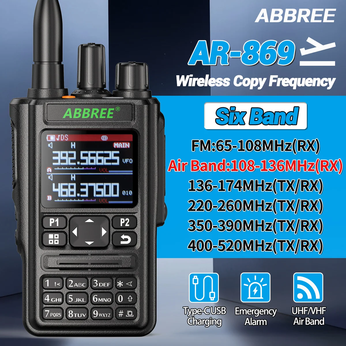 ABBREE AR-869 Air Band Walkie Talkie 136-520 МГц полнодиапазонное UHF/VHF беспроводное копирование частоты Type-C USB зарядное устройство двустороннее радио Han
ABBREE AR-869 Air Band Walkie Talkie 136-520 МГц полнодиапазонное UHF/VHF беспроводное копирование частоты Type-C USB зарядное устройство двустороннее радио Han