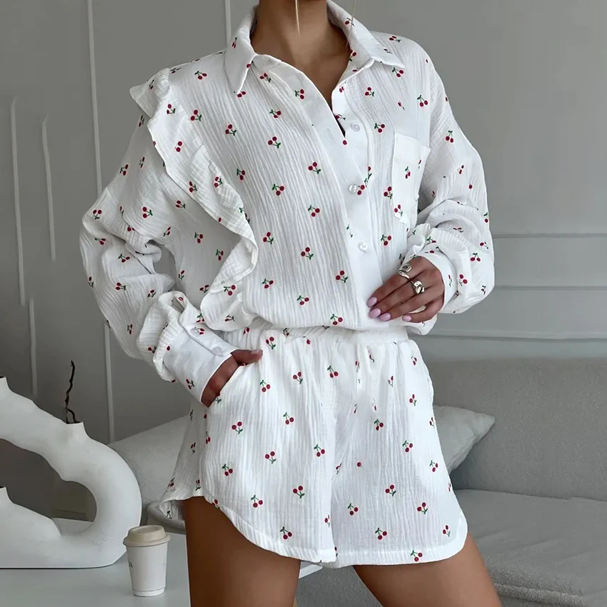 Hiloc Elegant Ruffles Print Sleepwear Summer Cotton Casual Long Sleeve Blouse Pajamas Woman With High Waist Shorts Two Piece Set
Hiloc Elegant Ruffles Print Sleepwear Summer Cotton Casual Long Sleeve Blouse Pajamas Woman With High Waist Shorts Two Piece Set