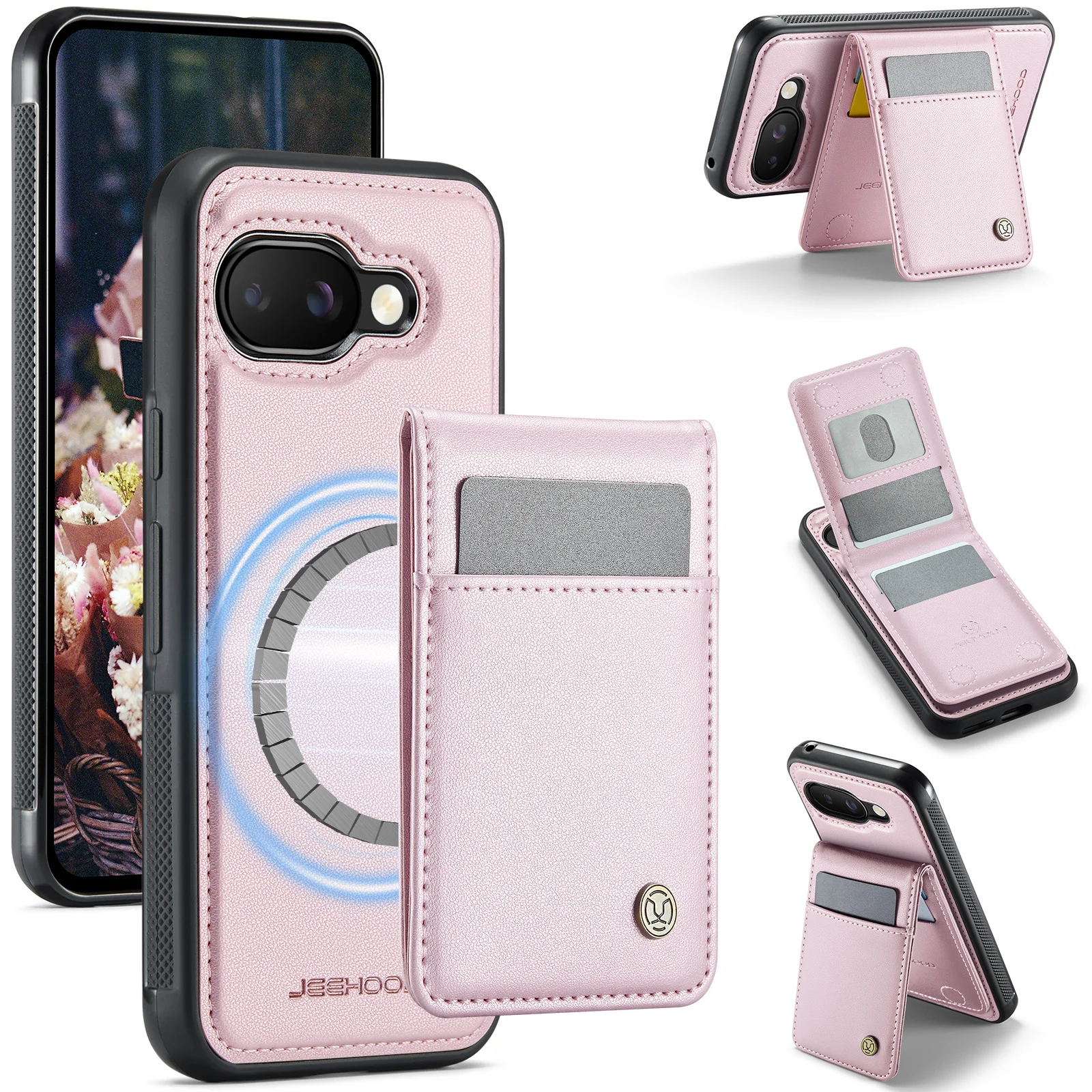 For Google Pixel 9a Leather Back Cover Compatible with MagSafe JEEHOOD J06 Phone Case with Card Bag RFID Blocking - Pink
For Google Pixel 9a Leather Back Cover Compatible with MagSafe JEEHOOD J06 Phone Case with Card Bag RFID Blocking - Pink