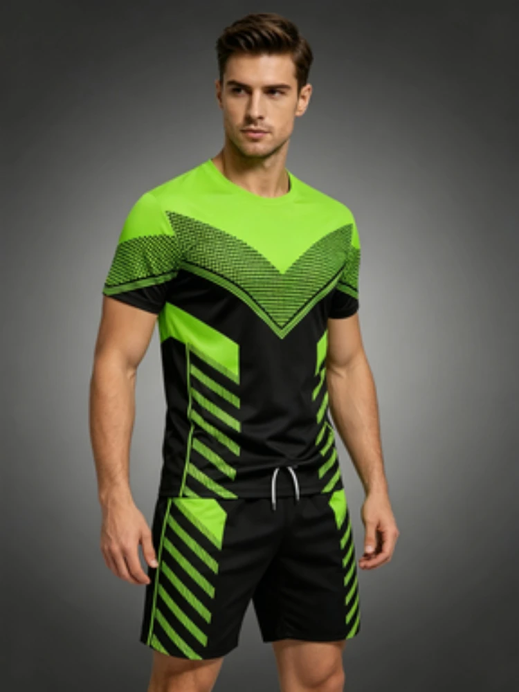 Men's sports suit, black neon green geometric printed short-sleeved top and shorts, fitness running clothes
Men's sports suit, black neon green geometric printed short-sleeved top and shorts, fitness running clothes