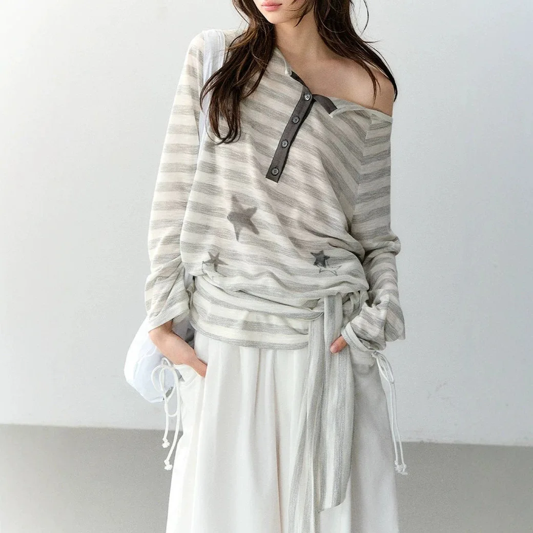 Transparent Loose T-shirt Women Star Print Striped Lapel Off-shoulder
Transparent Loose T-shirt Women Star Print Striped Lapel Off-shoulder